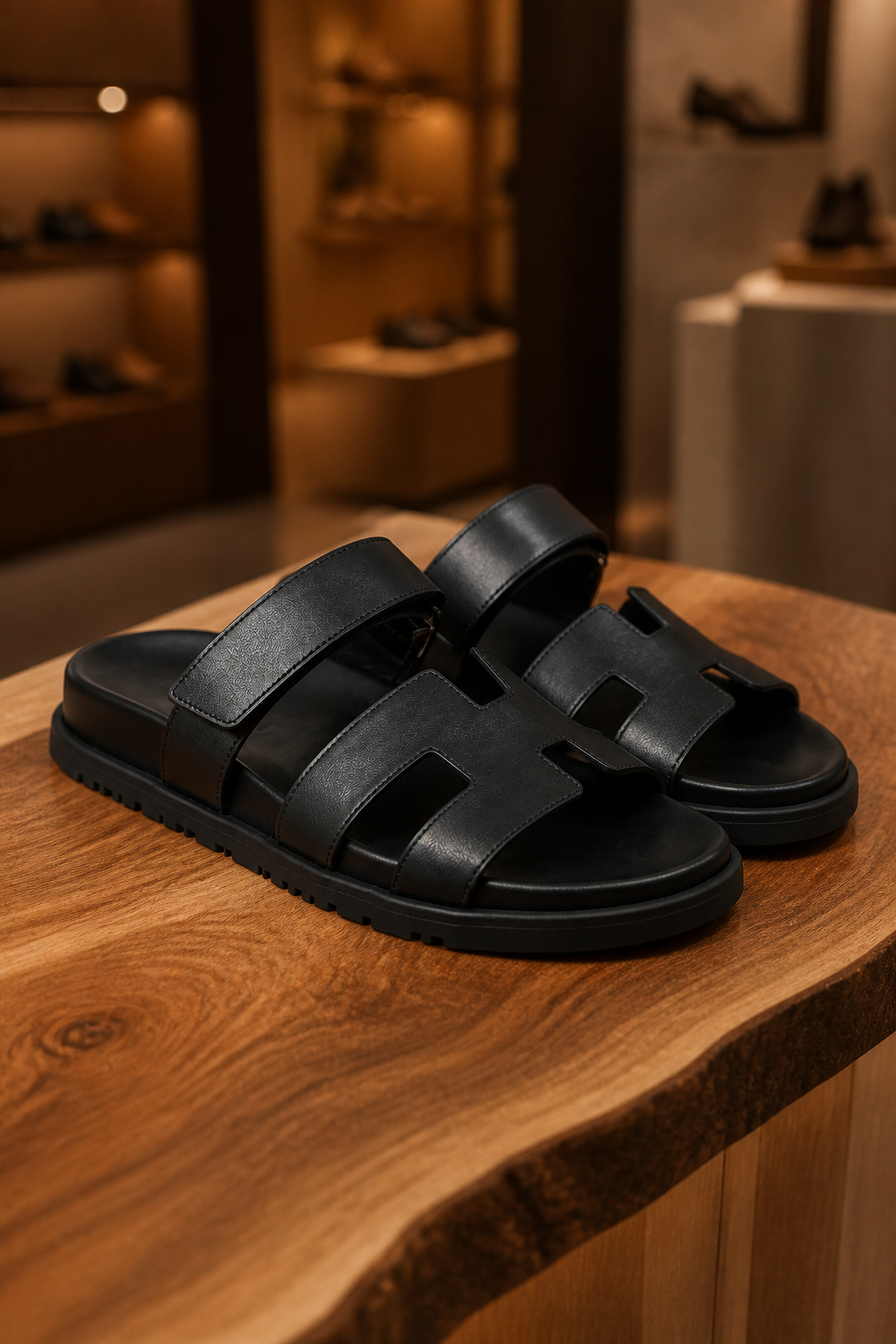 Saint-Tropez nero esposto in boutique, tallone aperto