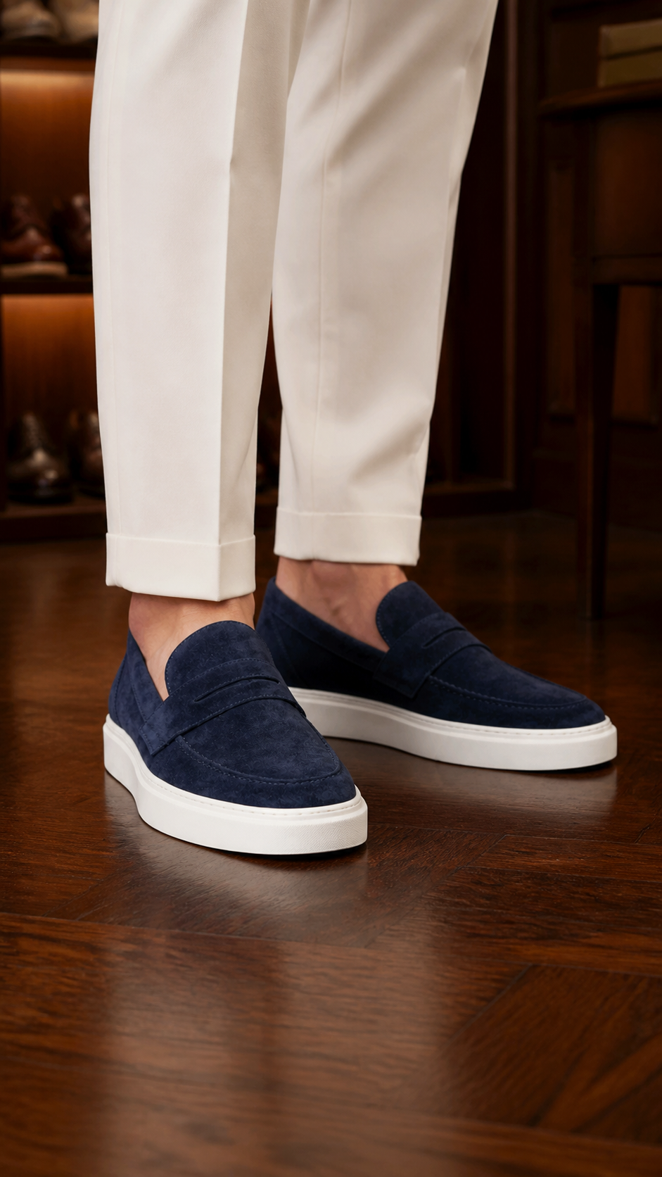 Taormina blu navy indossato, close sul mocassino