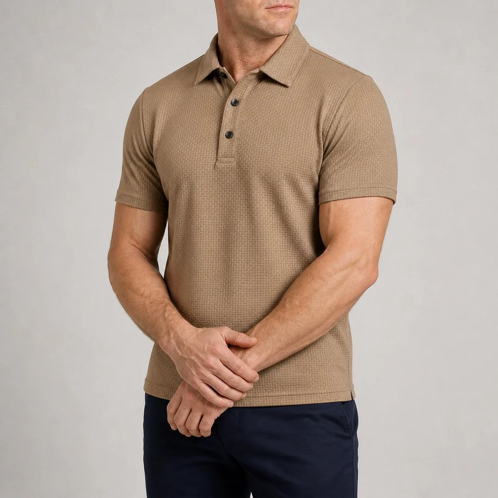 Man wearing Bellaro Capri Polo in camel