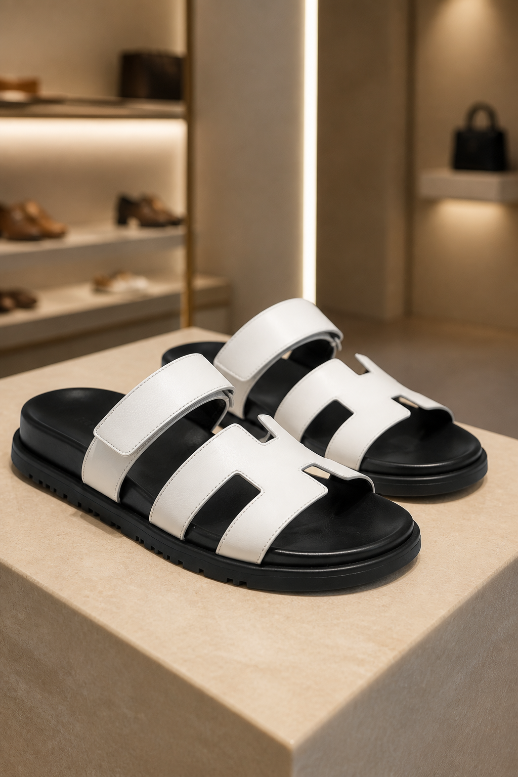 Saint-Tropez bianco esposto in boutique, tallone aperto