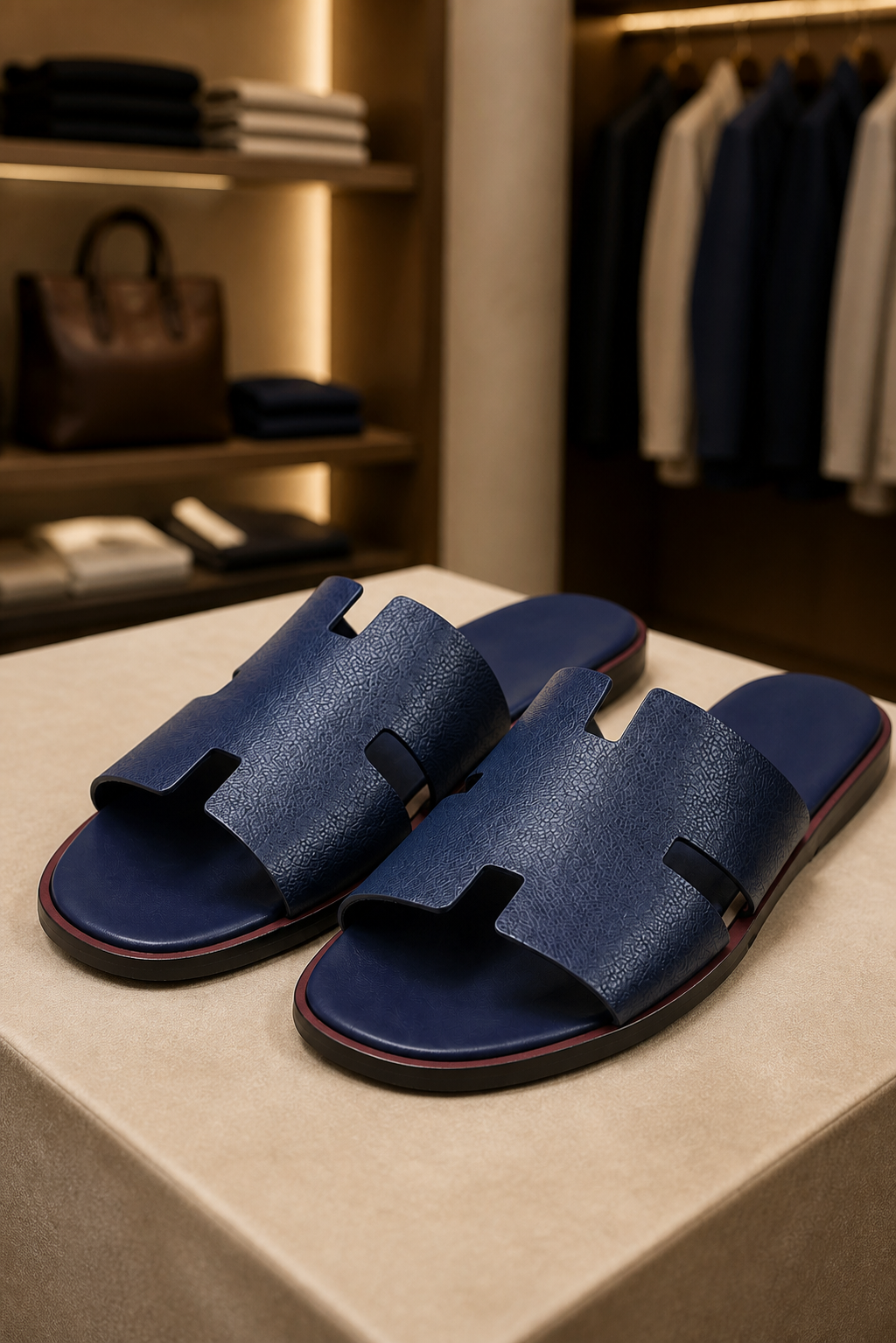 Portofino blu navy e bordeaux esposto in boutique