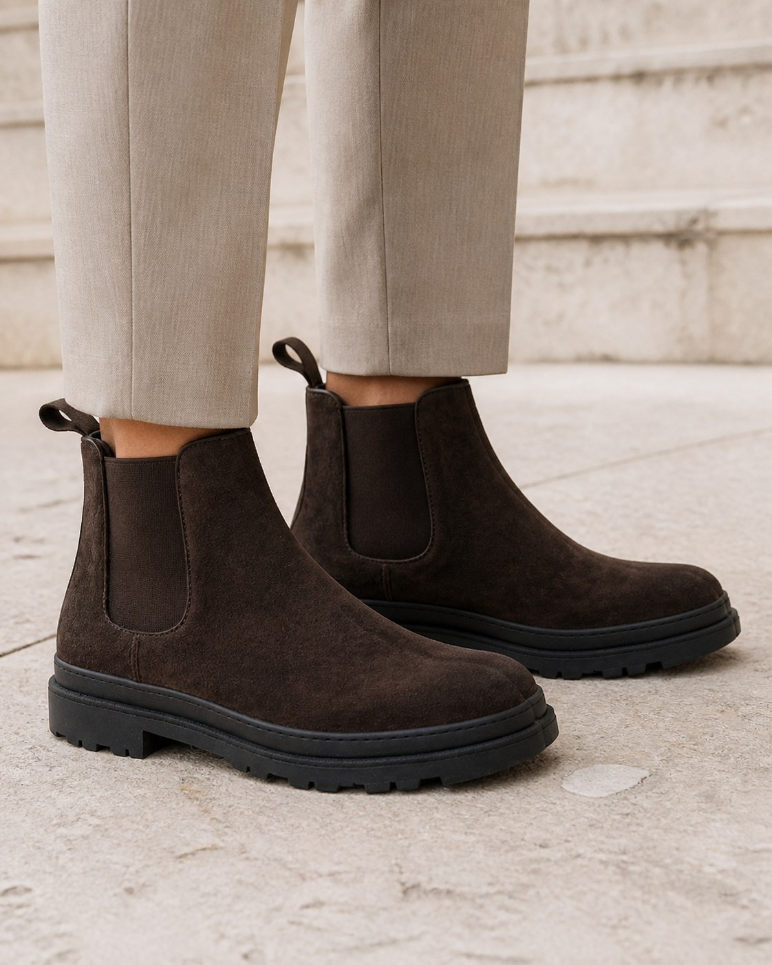 Portovenere marrone indossata, hero con close sullo stivaletto