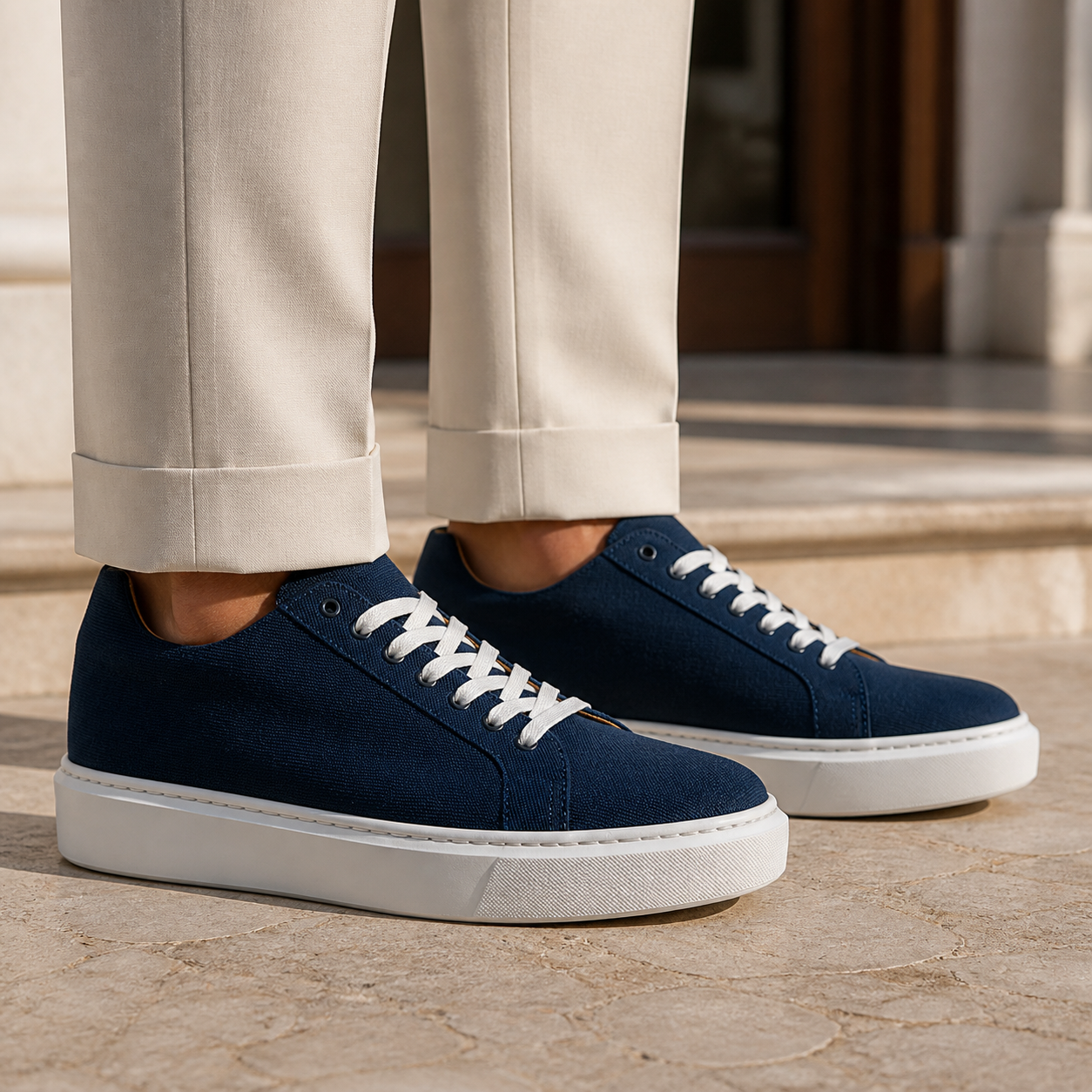 Amalfi blu indossata, hero con close sulla sneaker