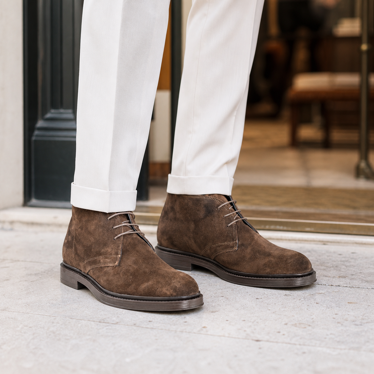 Burano marrone indossata, hero con close sulla sneaker