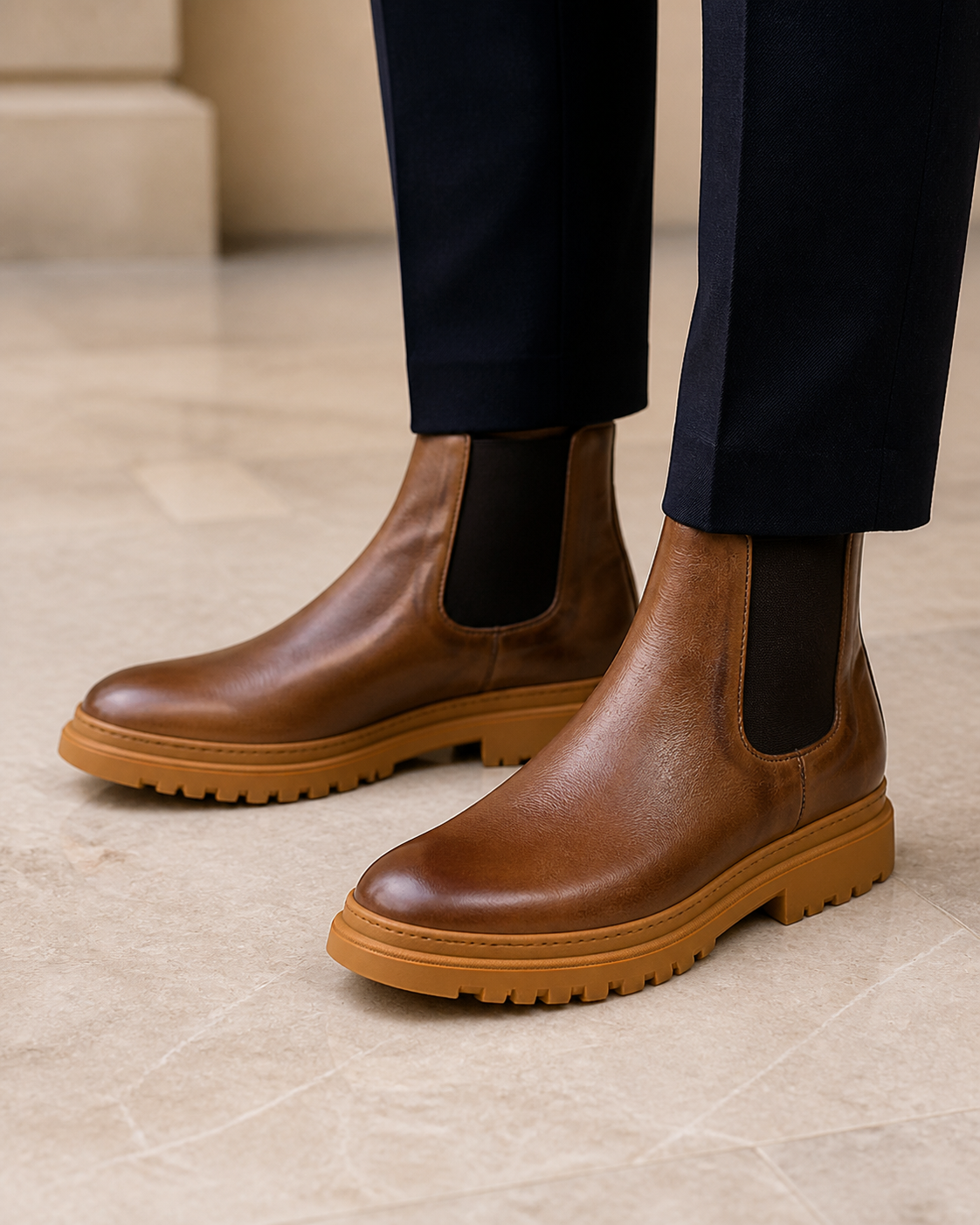 Cortina marrone indossato, hero con close sullo stivaletto