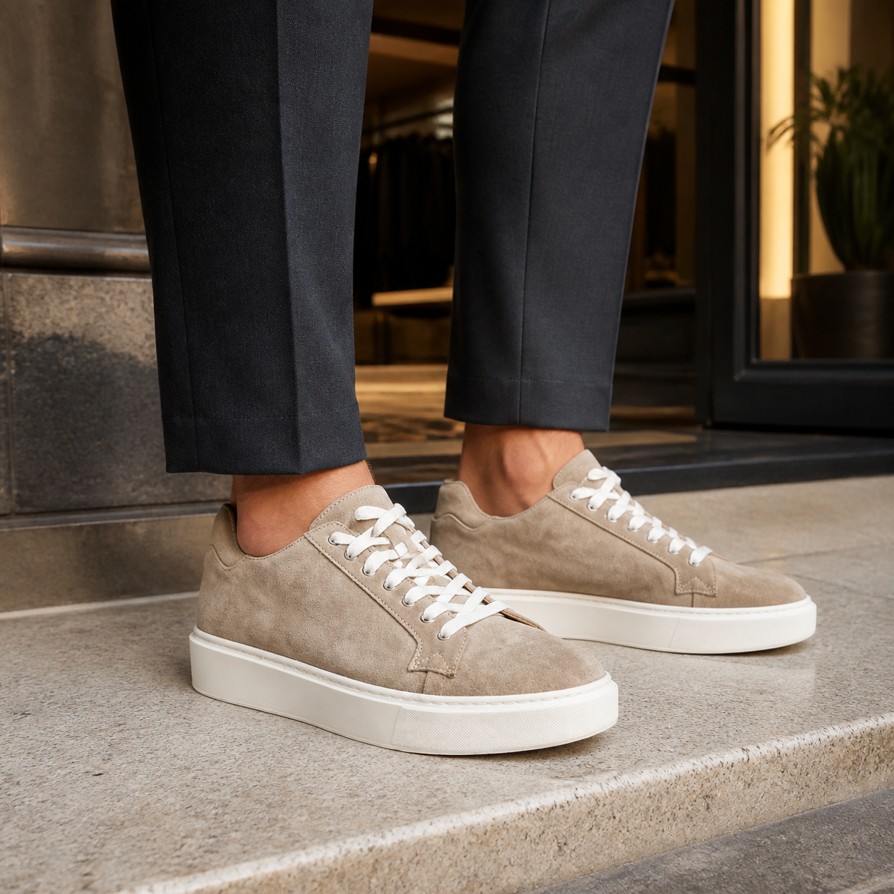 Camogli taupe indossata, hero con close sulla sneaker