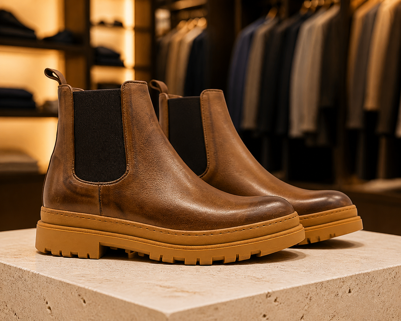 Cortina marrone esposto in boutique, vista 1