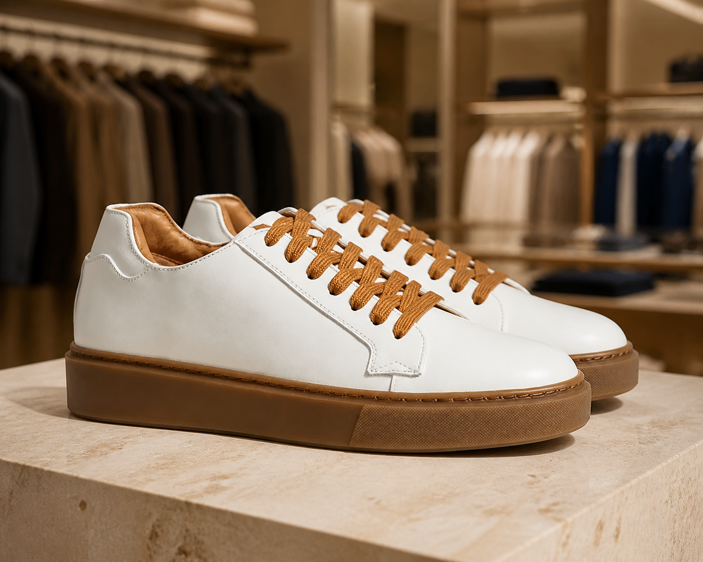 Modica bianca e marrone esposta in boutique, vista 1