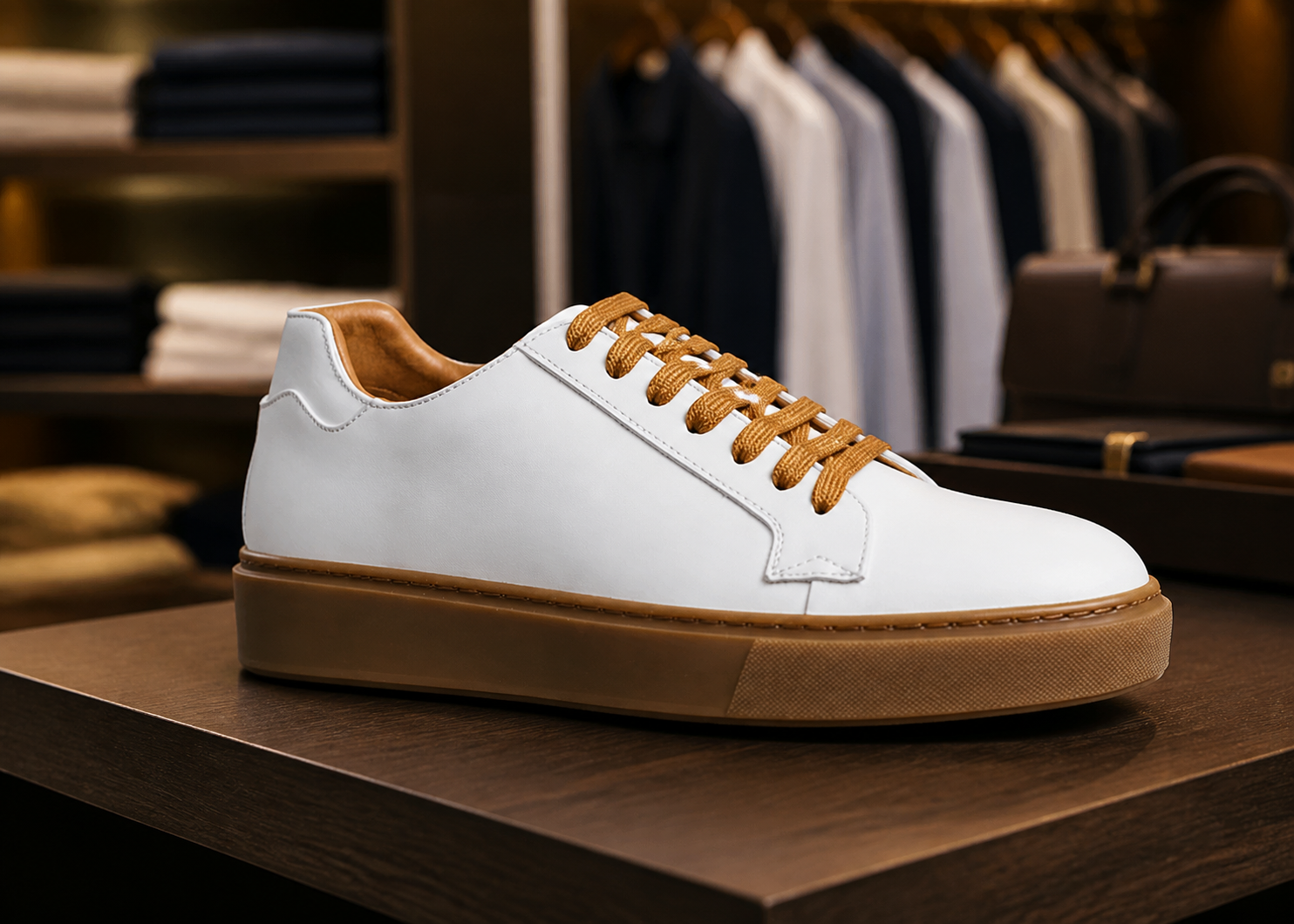 Modica bianca e marrone esposta in boutique, vista 2