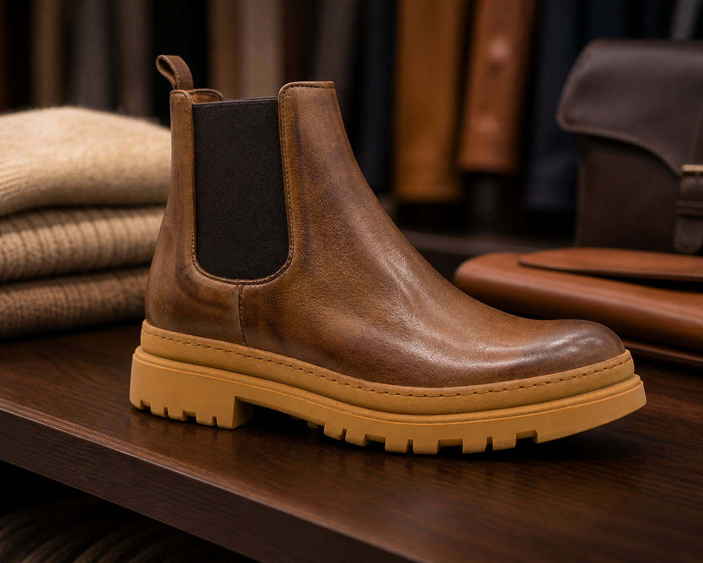 Cortina marrone esposto in boutique, vista 2