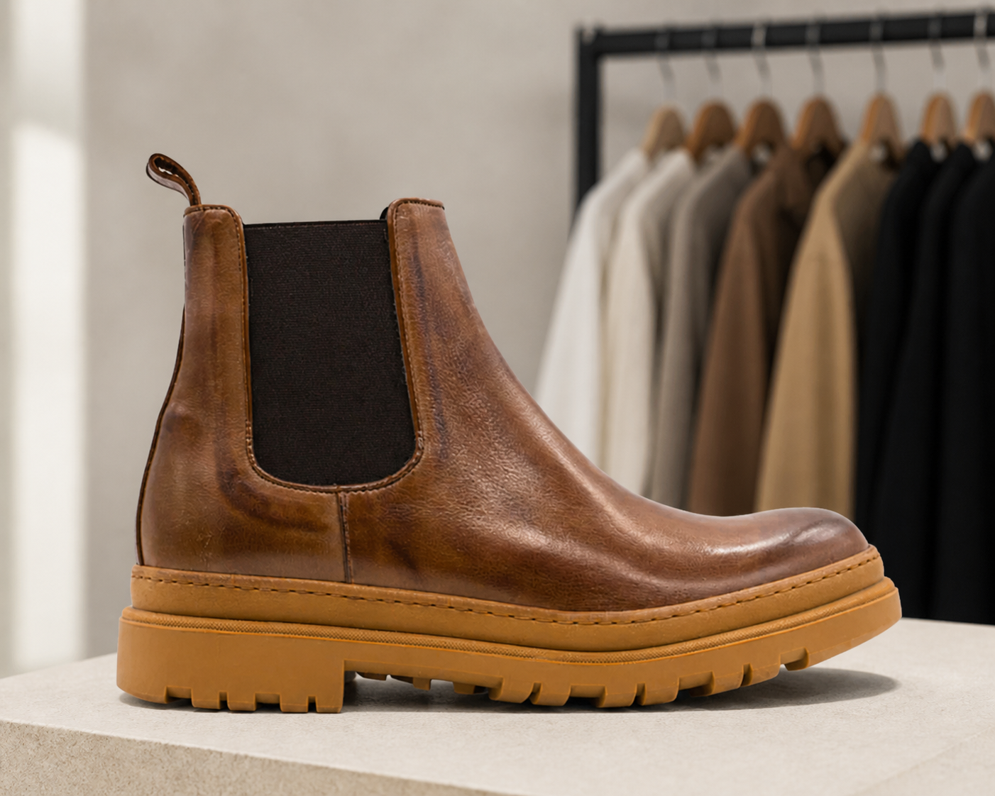 Cortina marrone esposto in boutique, vista 3
