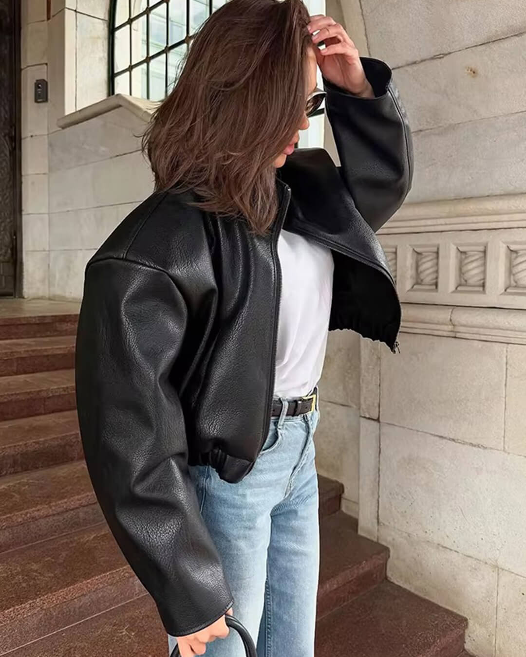 Zip Zip Up Leather Jacket